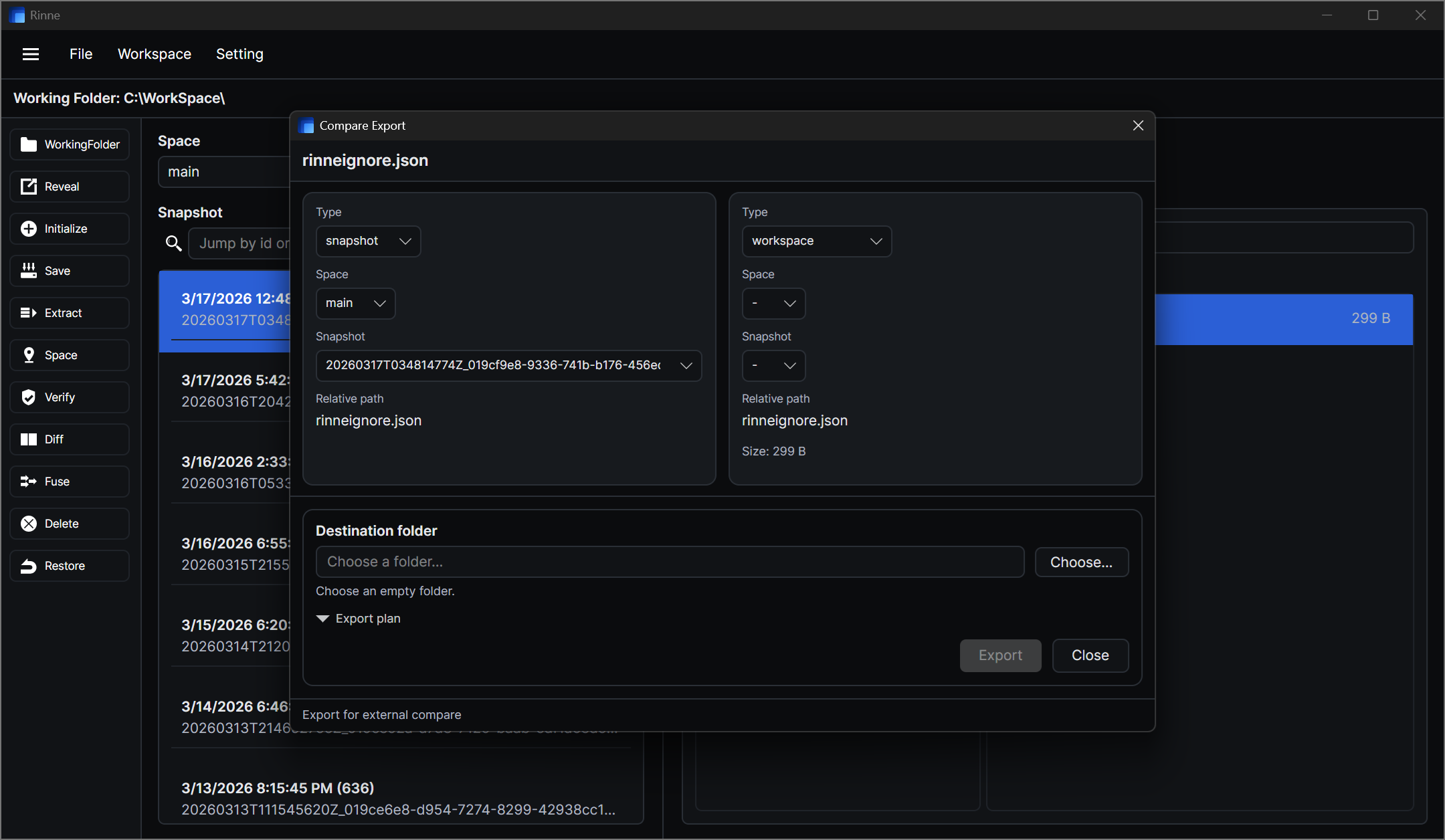Rinne export for diff tools view