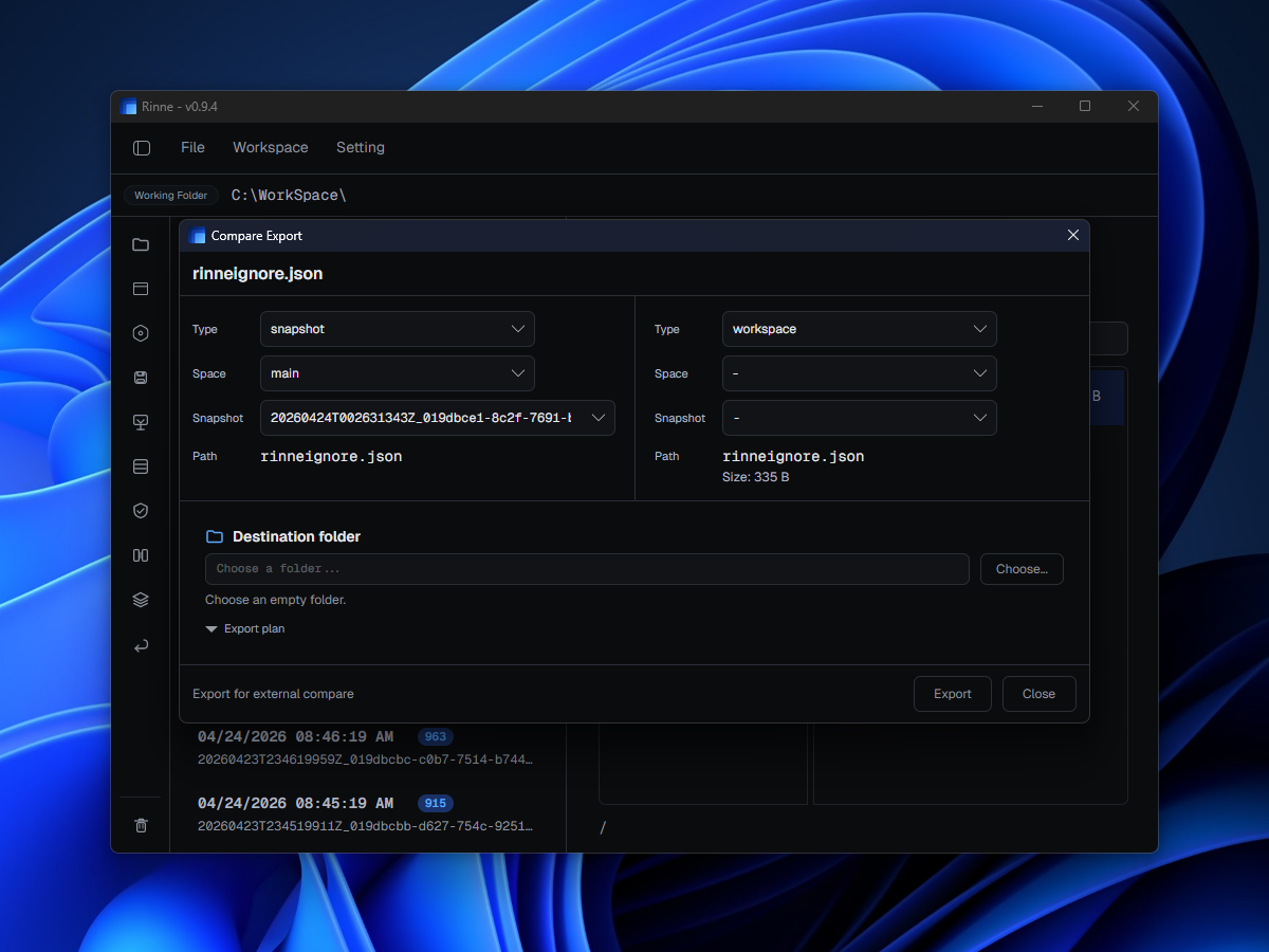 Compare Export window